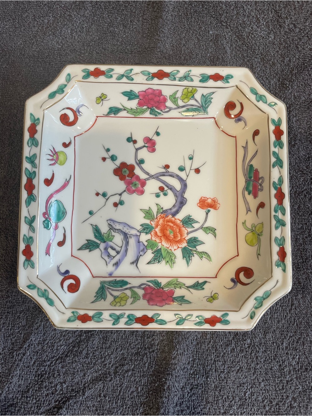 Vintage Floral Asian Porcelain Square Serving Plate - Multicolor